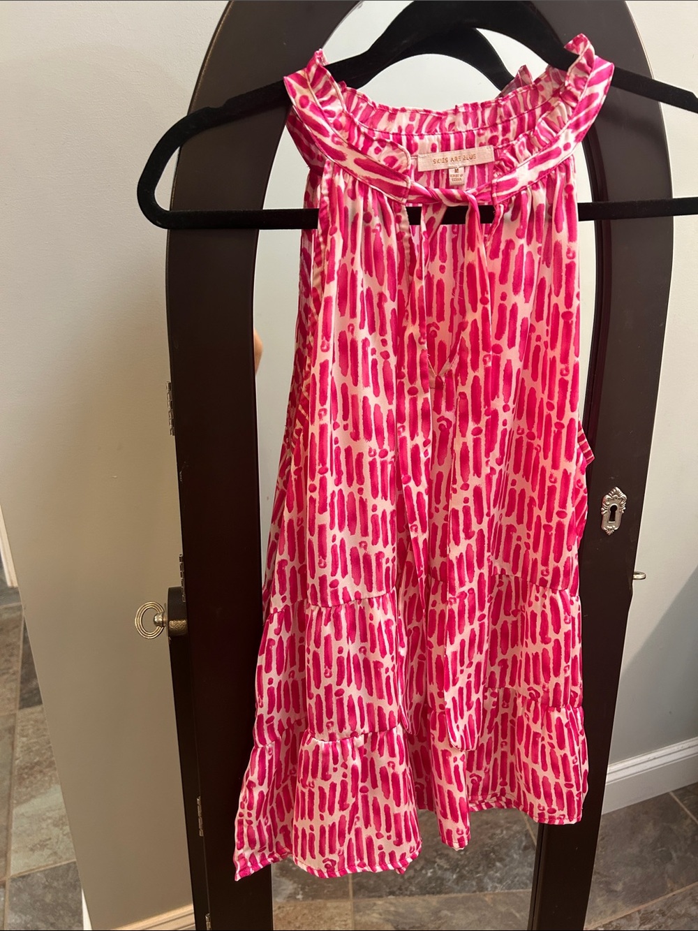 Skies Are Blue Pink Patterned Ruffle Neck Top